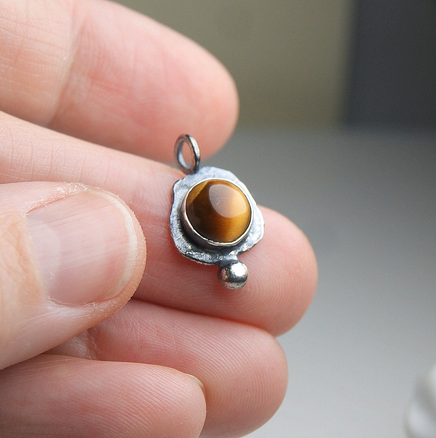 Tigers Eye Gemstone Pendant, Sterling Silver Organic Necklace, Small Rustic Pendant, Boho Necklace, Delicate Oxidised Pendant