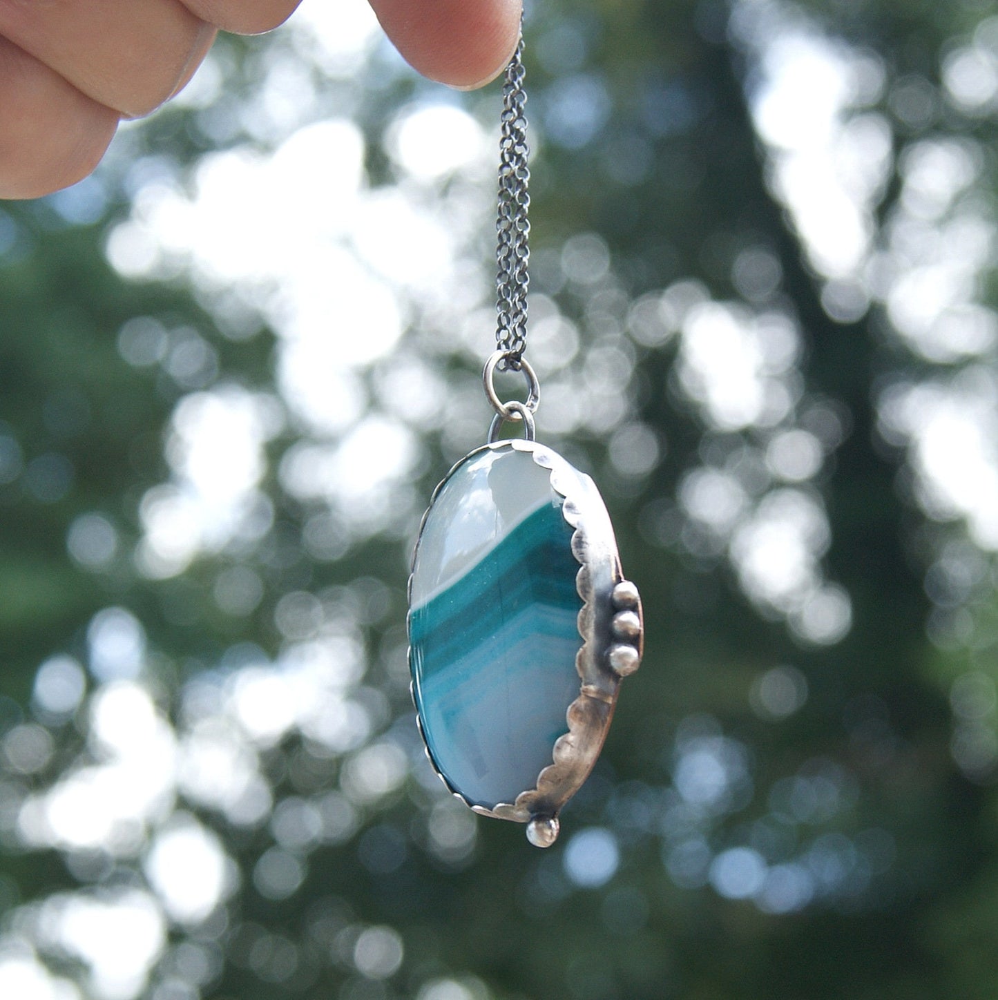 Blue Green Banded Onyx Necklace, Silver and Copper Rustic Pendant