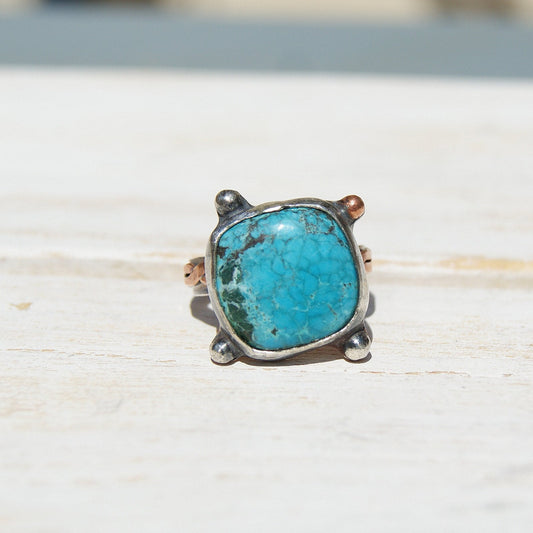 Turquoise Rustic Ring, December Birthstone, Silver and Copper Ring, Boho Jewellery