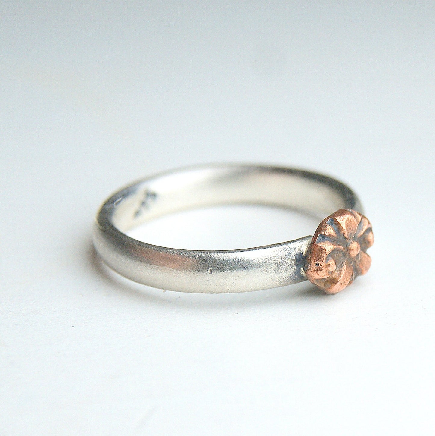 Mixed Metals Flower Ring, Sterling Silver and Copper Ring, Boho Rustic Jewellery