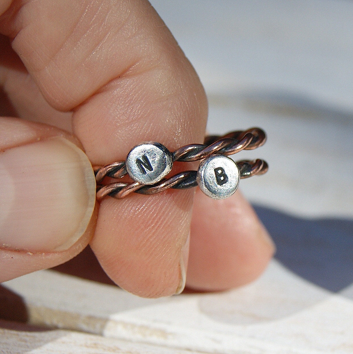 Personalised Copper and Silver Ring, Twist Band Ring, Monogram Jewellery, Mixed Metals