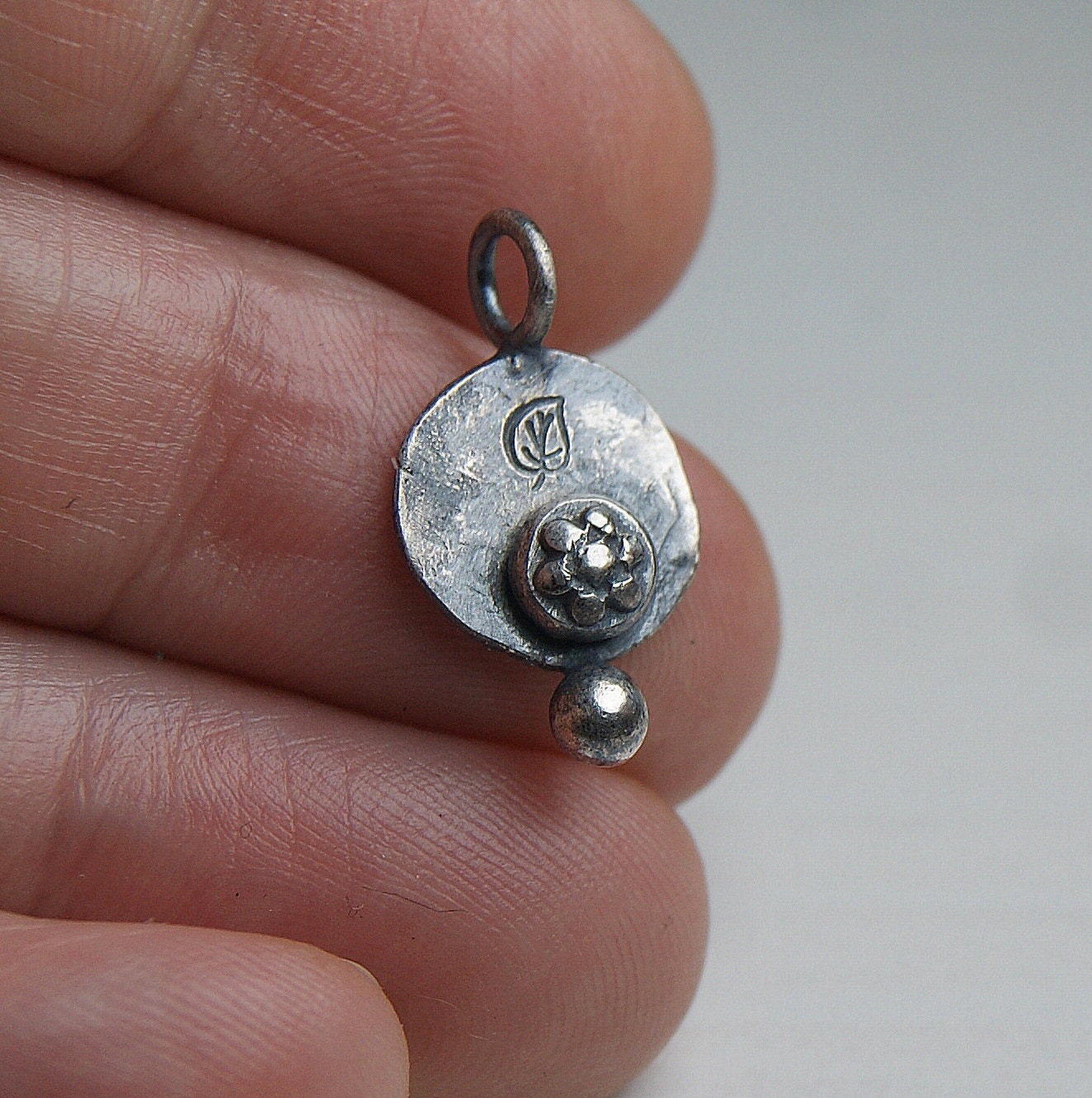 Boho Necklace, Delicate Oxidised Pendant, Sterling Silver Flower Pendant, Silver Organic Necklace, Small Rustic Pendant