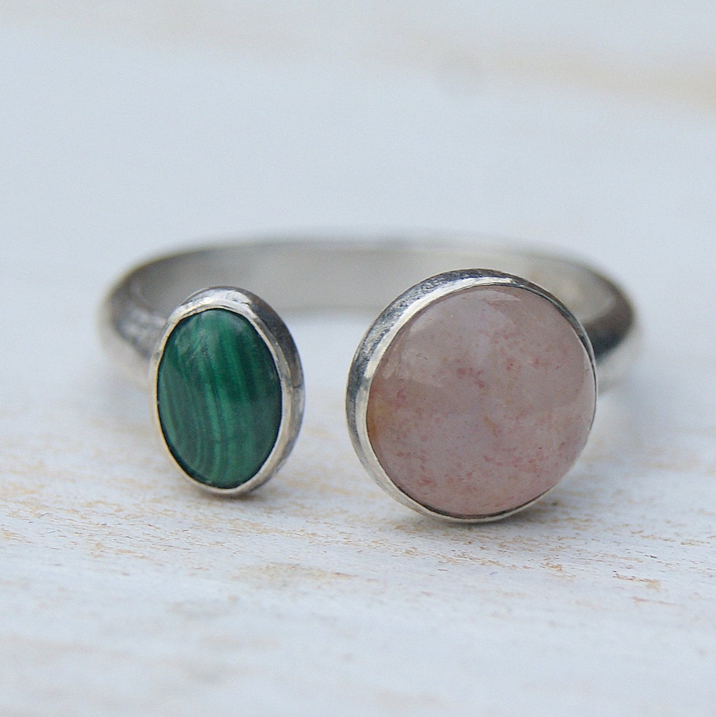 Dual Stone Ring, Malachite and Strawberry Quartz, Open Band Ring, Sterling Silver Jewellery