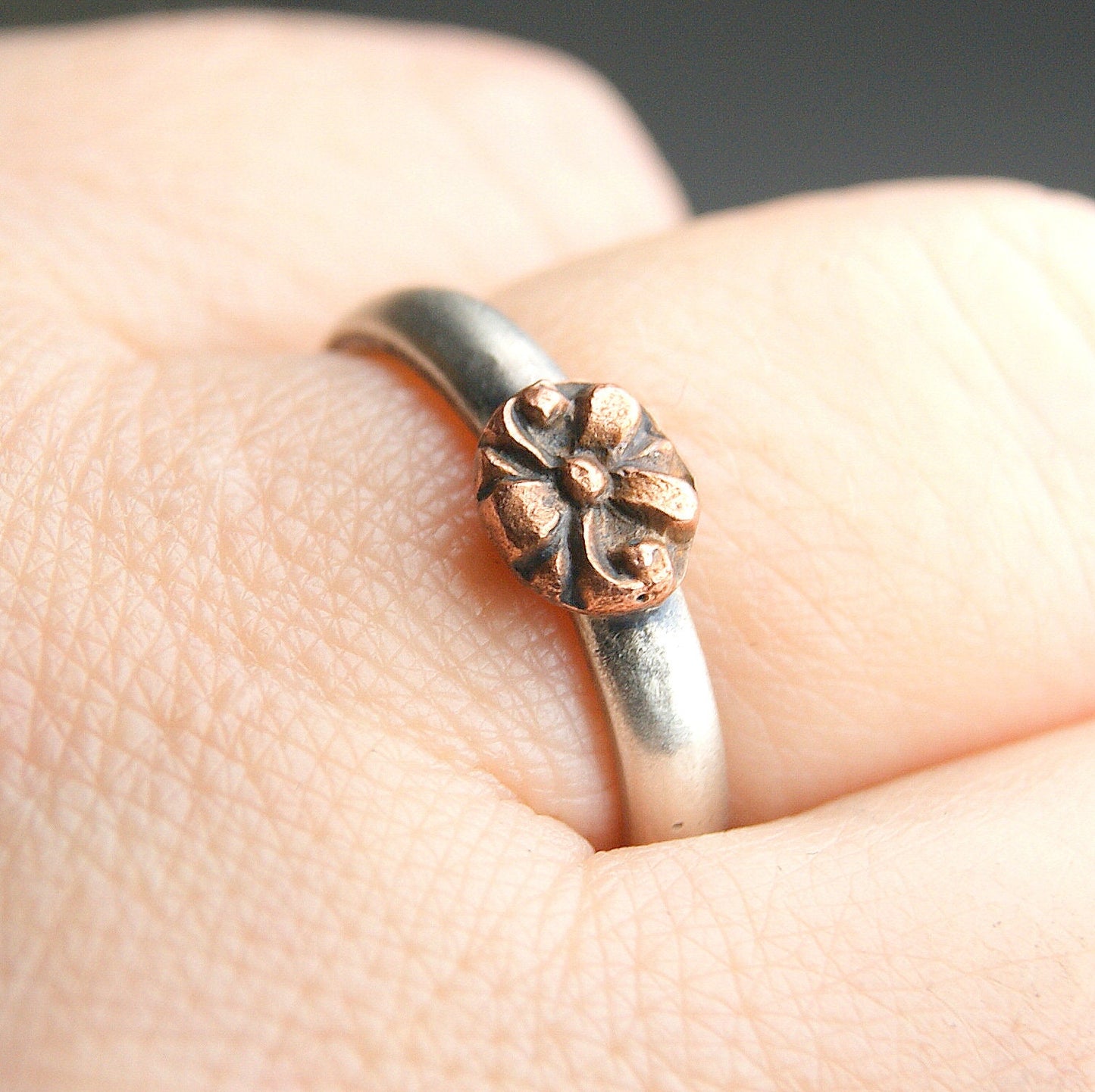 Mixed Metals Flower Ring, Sterling Silver and Copper Ring, Boho Rustic Jewellery