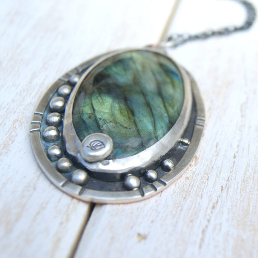 Large Labradorite Necklace, Leaf Pendant, Silver and Copper Jewellery