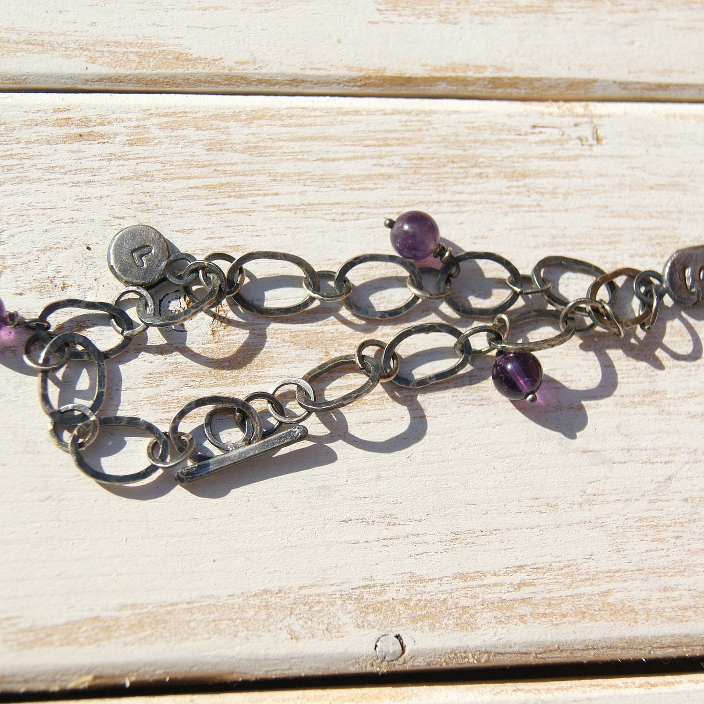 Amethyst Hand Forged Bracelet, Silver Links Bracelet, Love Heart Jewellery