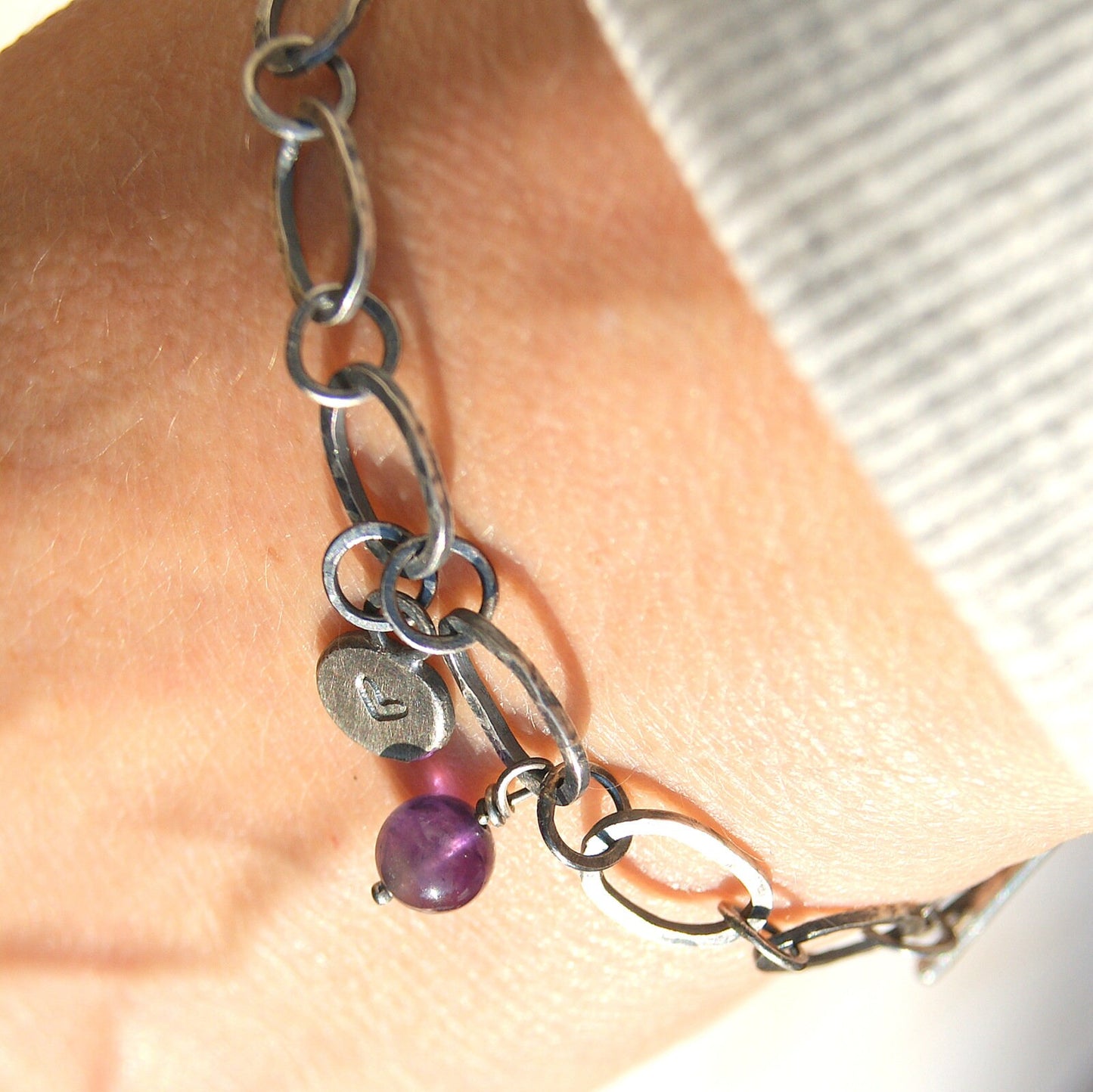 Amethyst Hand Forged Bracelet, Silver Links Bracelet, Love Heart Jewellery