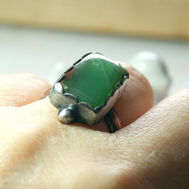 Green Stone Ring, Chrysoprase Ring, Sterling Silver Rustic Jewellery