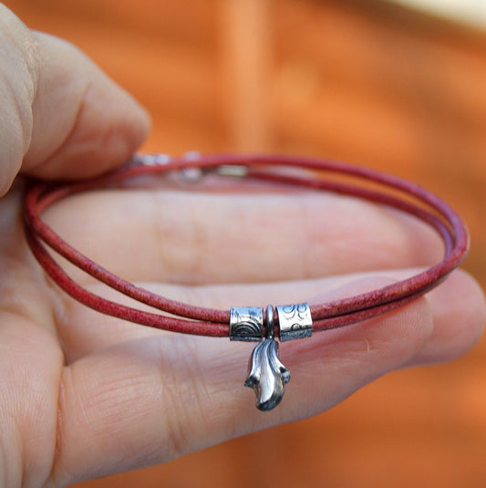 Red Leather Bracelet, Sterling Silver and Leather Bracelet, Red Double Wrapped Bracelet, Rustic Style Jewellery