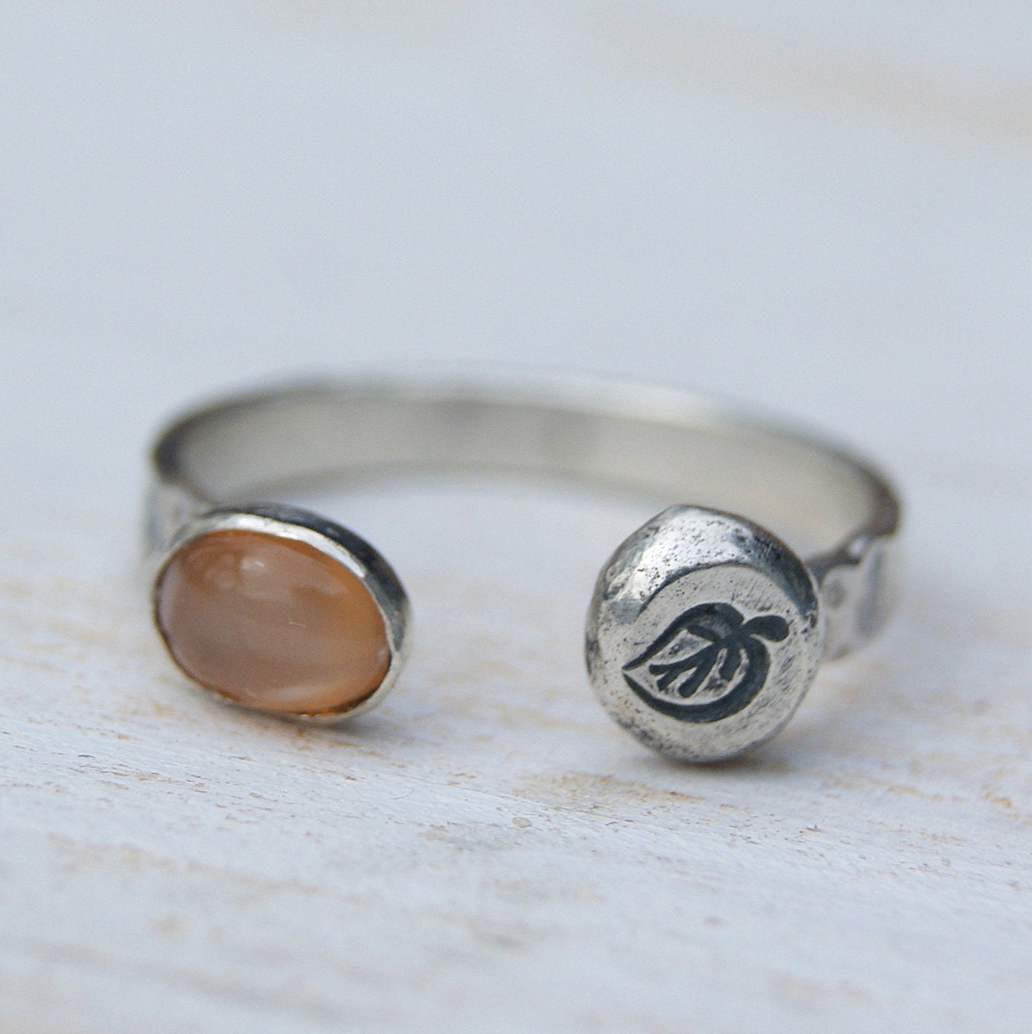 Orange Moonstone Ring, Two Eyed Ring, Open Band Rustic Ring, Solid Silver Leaf Ring