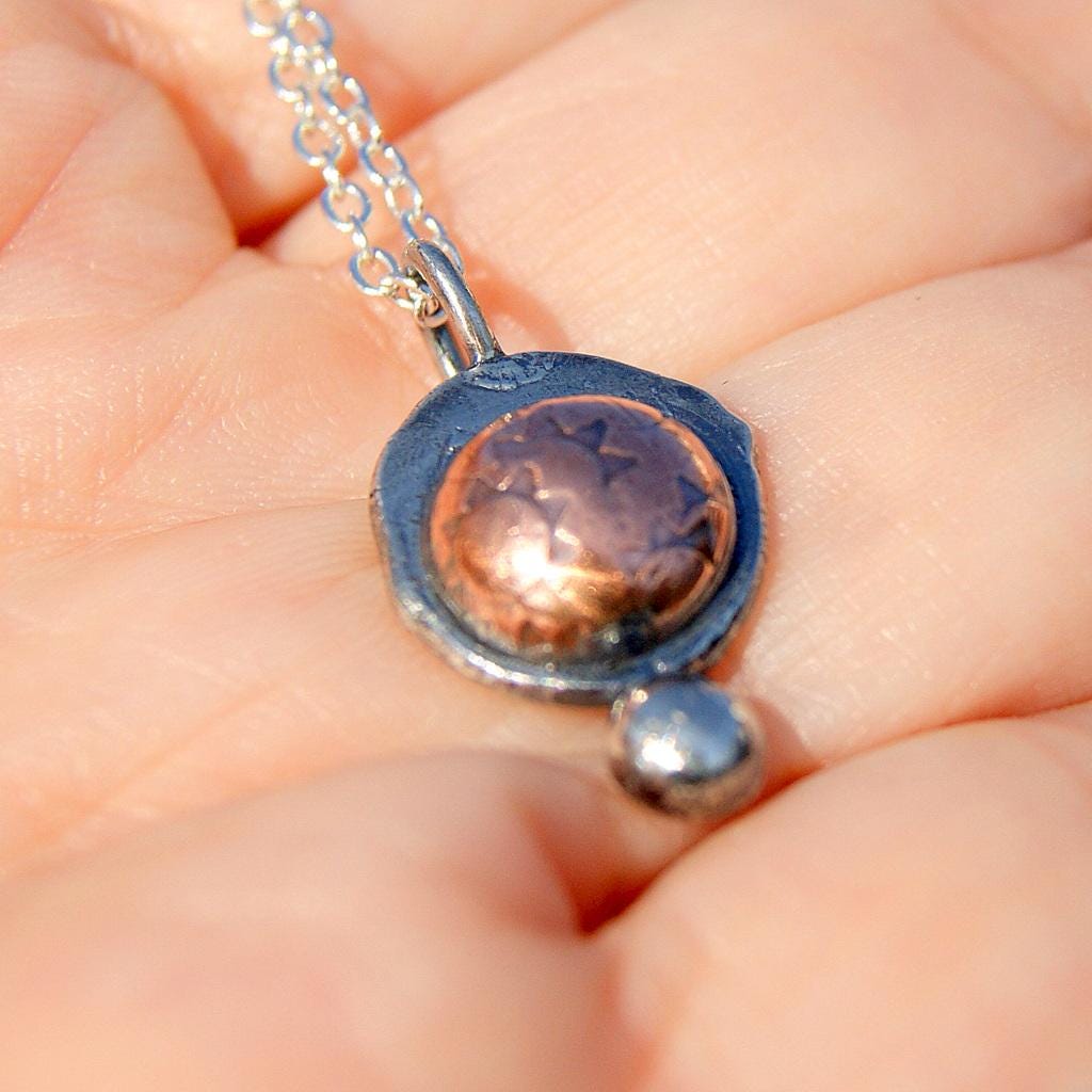 Boho Sunshine Necklace, Sterling Silver Organic Necklace, Silver and Copper Rustic Pendant, Delicate Oxidised Pendant