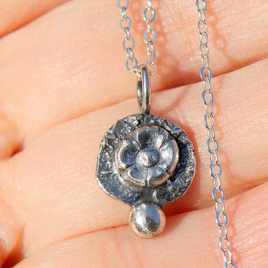 Small Rustic Flower Pendant, Silver Organic Necklace, Tiny Silver Flower Pendant, Boho Necklace, Delicate Oxidised Pendant