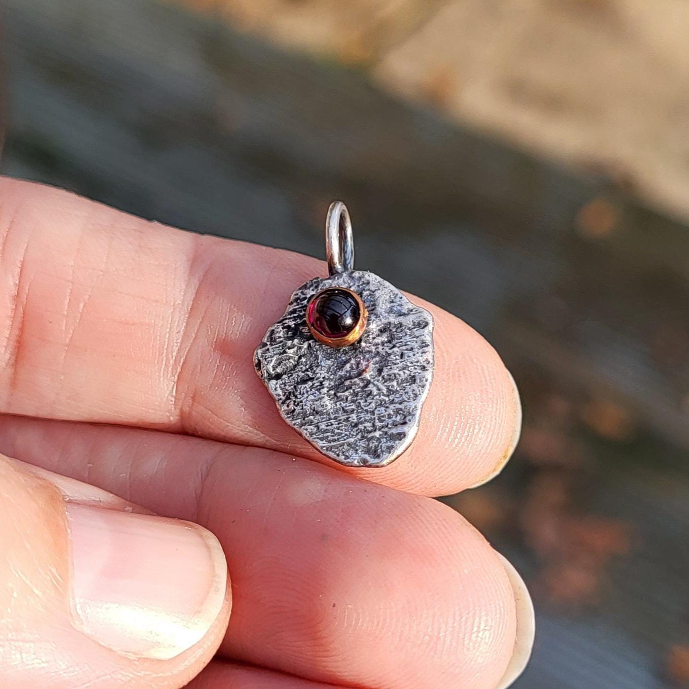 Garnet Gemstone Pendant, Sterling Silver Organic Necklace, Small Rustic Pendant, Boho Necklace, Delicate Oxidised Pendant