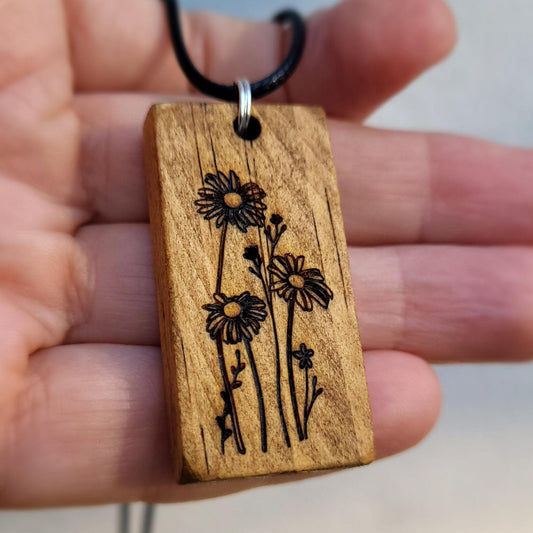 Eco Wooden Necklace, Flowers Pendant, Organic Jewellery, Personalised Rustic Necklace, Wooden Anniversary Gift