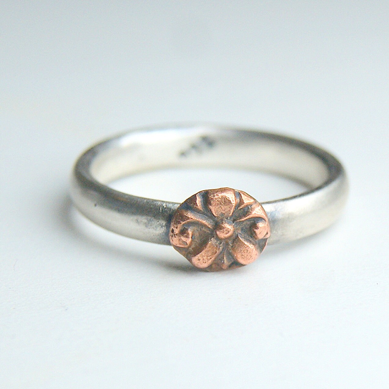 Mixed Metals Flower Ring, Sterling Silver and Copper Ring, Boho Rustic Jewellery