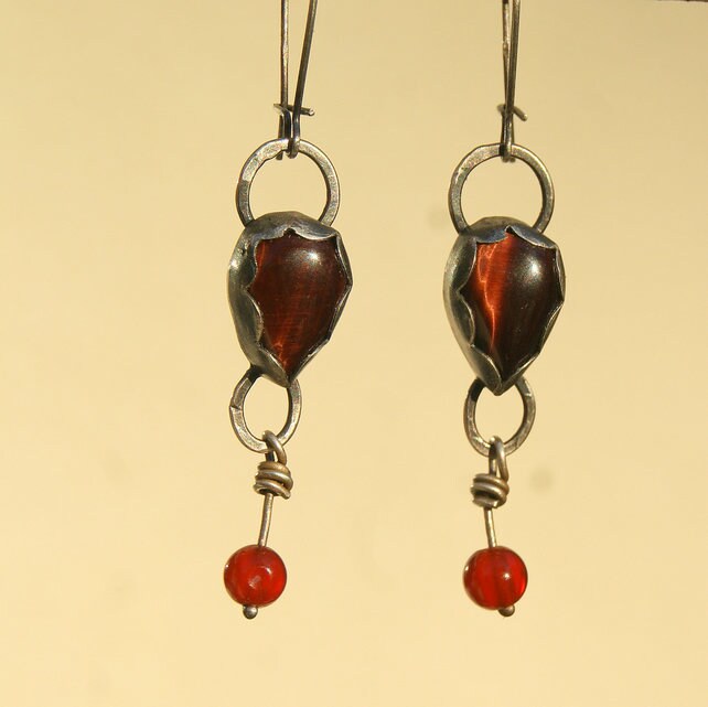 Red Tiger’s Eye and Carnelian Earrings, Sterling Silver Dangle Earrings