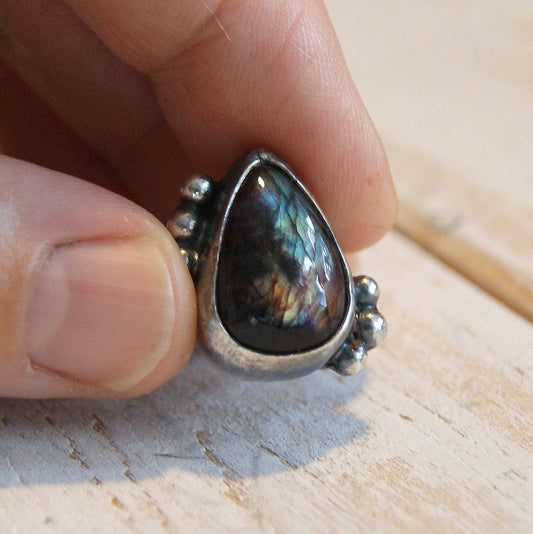 Tear Labradorite Ring, Boho Jewellery, Hammered Silver Ring