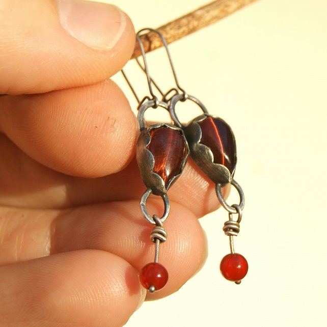 Red Tiger’s Eye and Carnelian Earrings, Sterling Silver Dangle Earrings