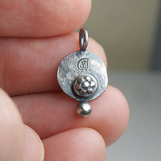 Boho Necklace, Delicate Oxidised Pendant, Sterling Silver Flower Pendant, Silver Organic Necklace, Small Rustic Pendant