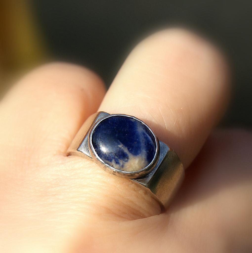 Heavy Silver Signet Ring, Hallmarked Signet with Sodalite Stone, Oxidised Jewellery, Blue Stone Ring