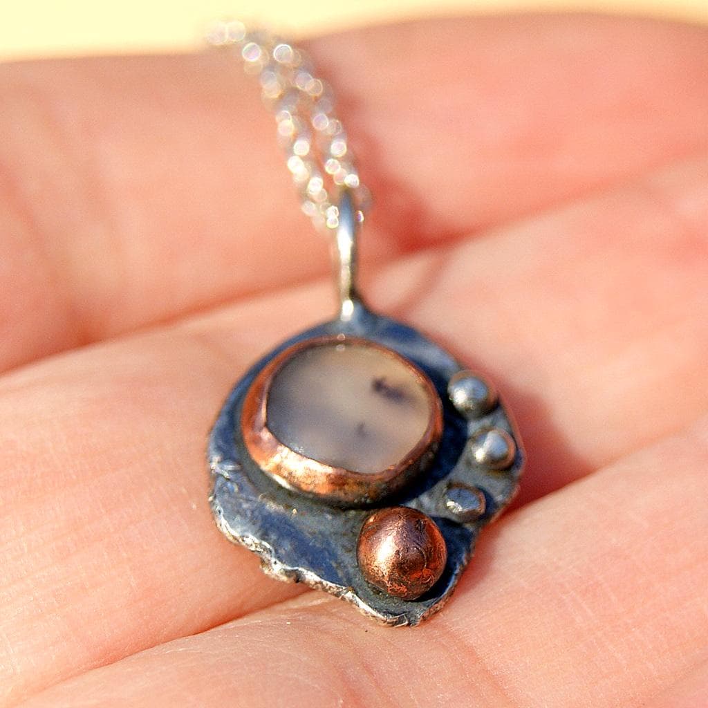 Black Moss Agate Pendant, Delicate Oxidised Pendant, Sterling Silver and Copper, Organic Necklace, Small Rustic Pendant