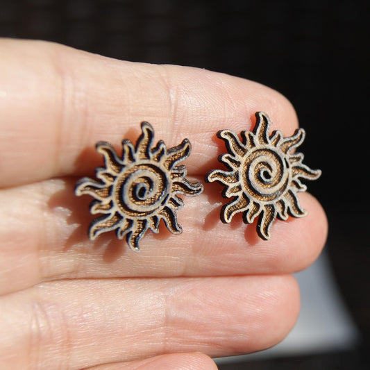 Spiral Sun Boho Earrings, Wooden Stud Earrings, Laser Engraved Earrings