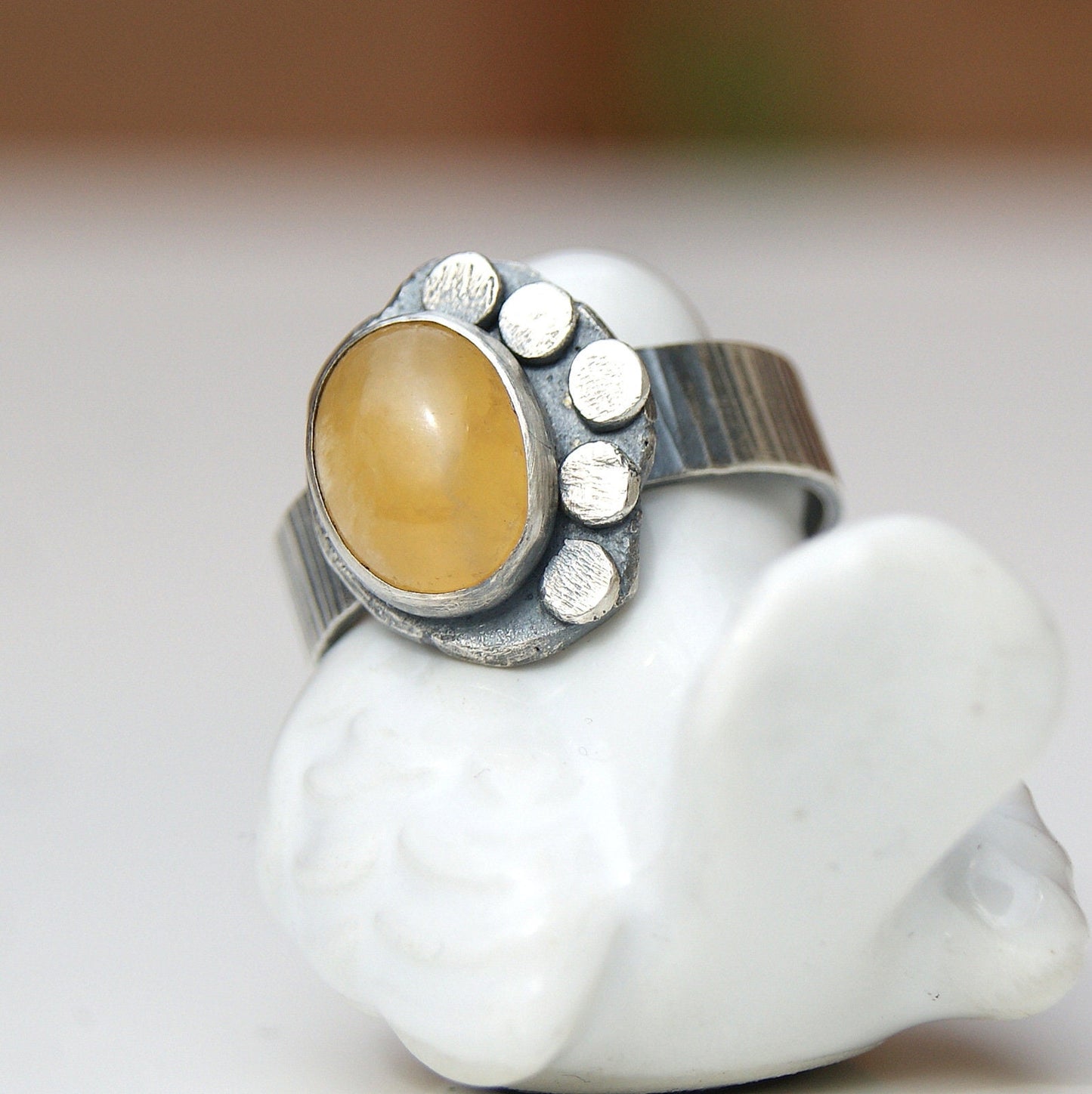 Flower Rustic Ring, Yellow Aragonite Ring, Boho Silver Jewellery