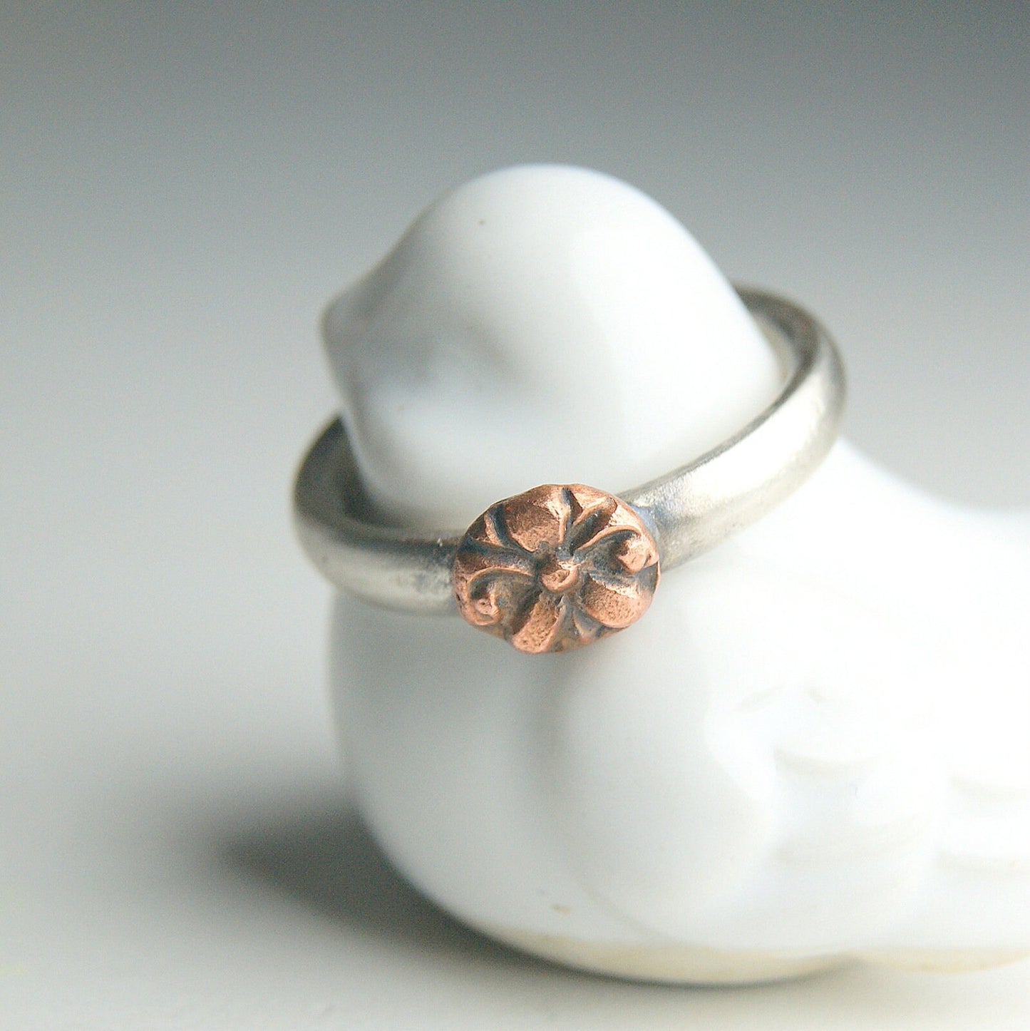 Mixed Metals Flower Ring, Sterling Silver and Copper Ring, Boho Rustic Jewellery