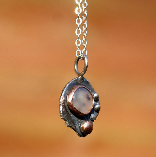 Black Moss Agate Pendant, Delicate Oxidised Pendant, Sterling Silver and Copper, Organic Necklace, Small Rustic Pendant