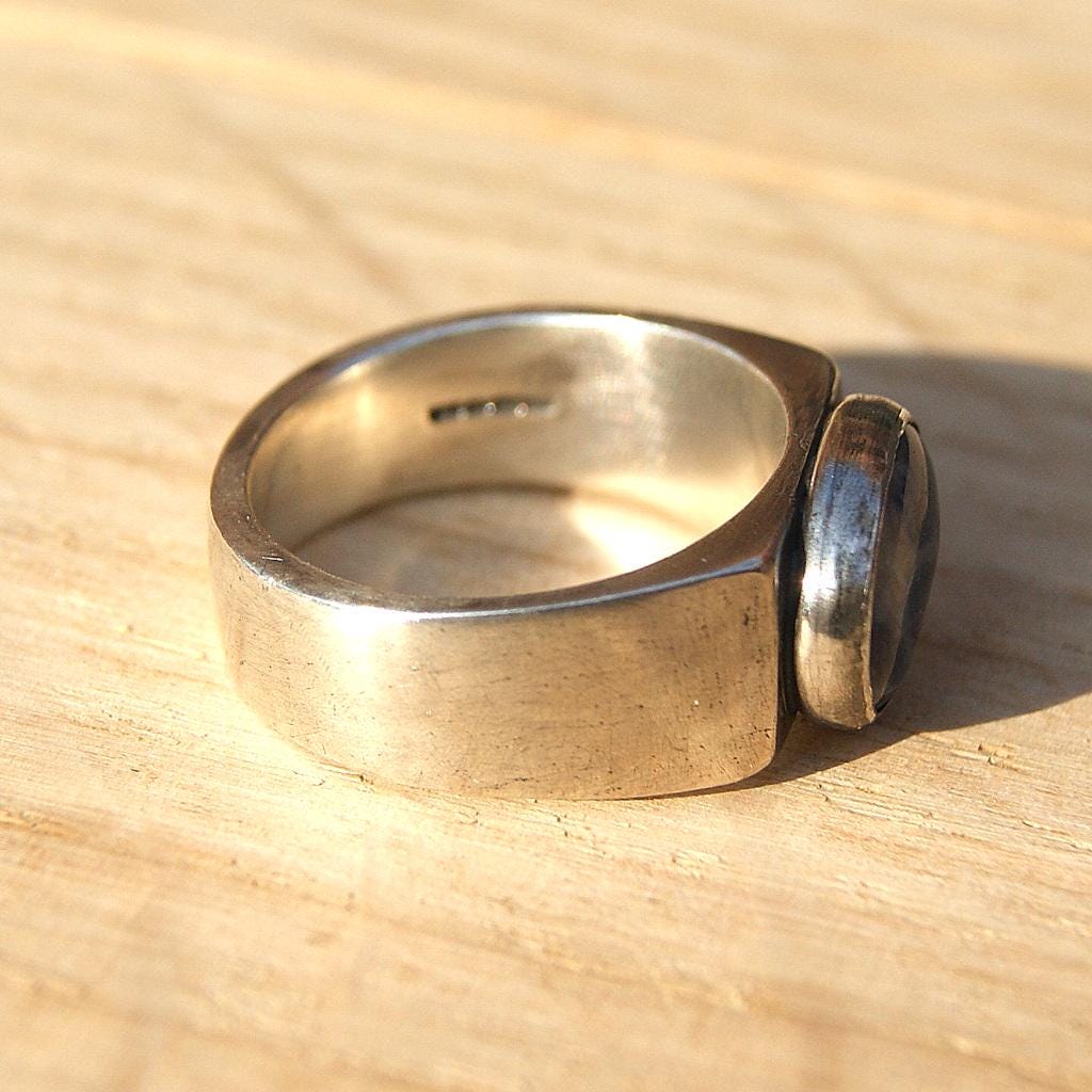 Heavy Silver Signet Ring, Hallmarked Signet with Sodalite Stone, Oxidised Jewellery, Blue Stone Ring