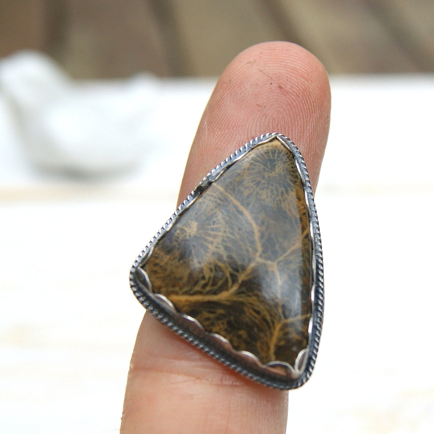 Large Sterling Silver Ring, Fossil Coral Ring, Brown Gemstone Rustic Jewellery