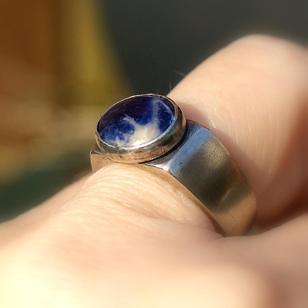 Heavy Silver Signet Ring, Hallmarked Signet with Sodalite Stone, Oxidised Jewellery, Blue Stone Ring