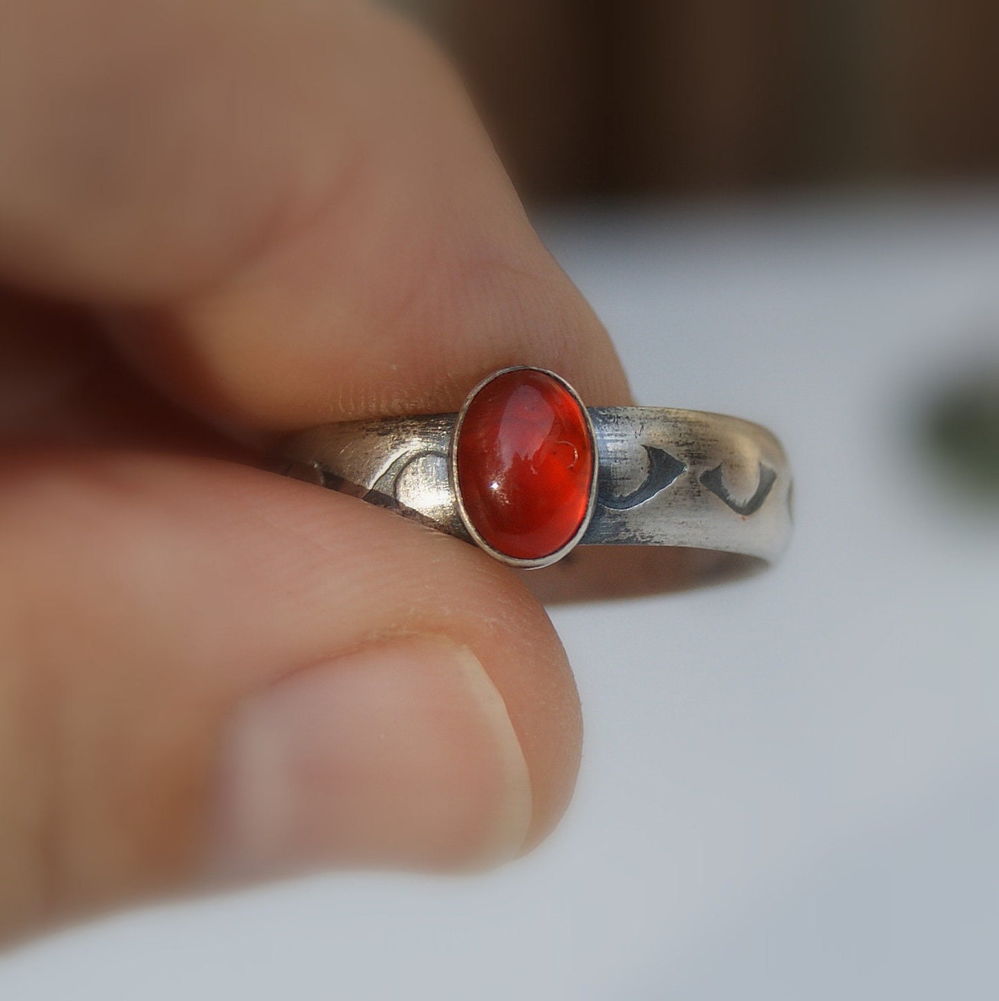 Carnelian Ring, Red Stone Ring, Sterling Silver Ring Size UK Q or US 8