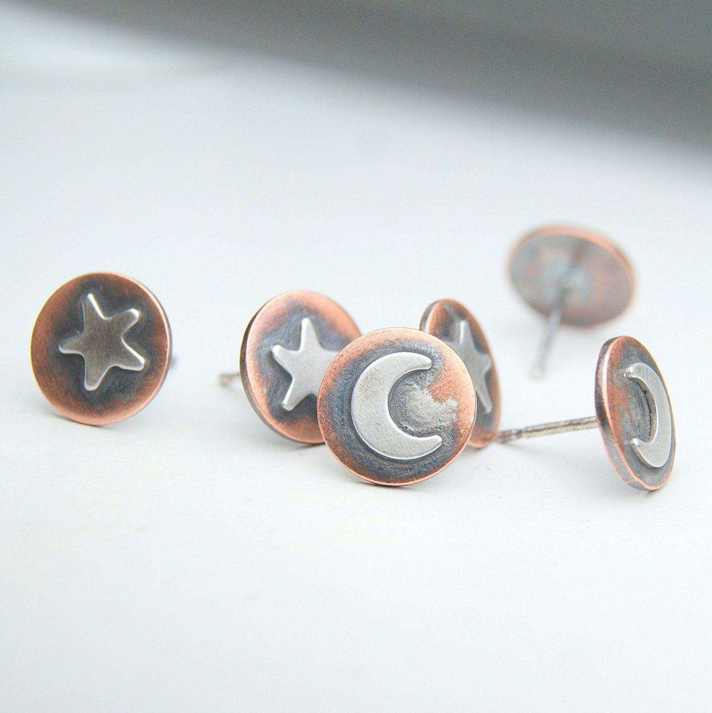 Celestial Earrings, Oxidised Star and Moon Studs, Copper and Silver Stud Earrings