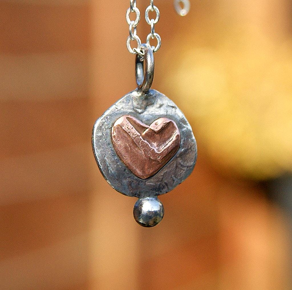 Tiny Heart Pendant, Sterling Silver Organic Necklace, Silver and Copper Rustic Pendant, Boho Heart Necklace, Delicate Oxidised Pendant