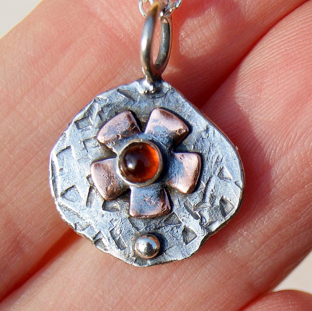 Garnet Flower Pendant, Delicate Oxidised Pendant, Sterling Silver And Copper, Organic Necklace, Small Rustic Pendant, Boho Necklace