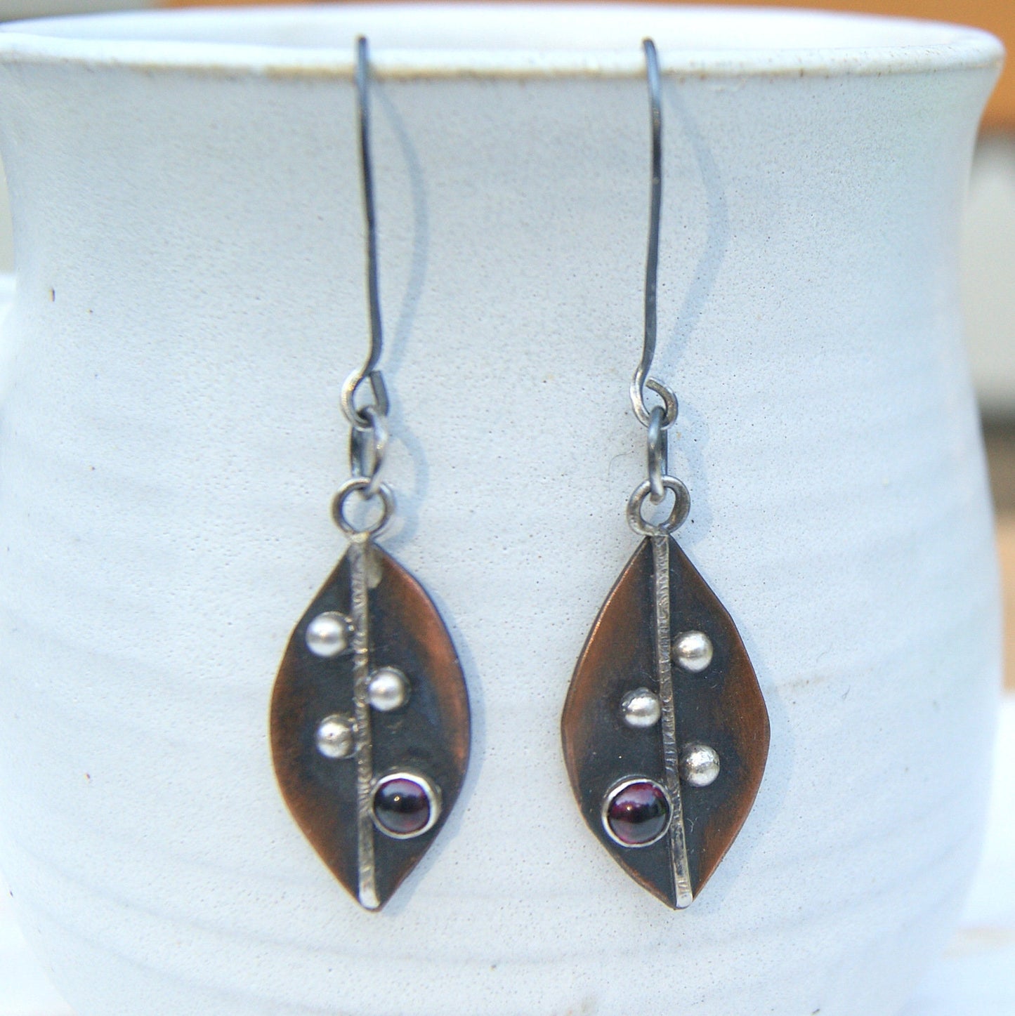 Garnet Drop Earrings, Hand Forged Leaf Earrings, Mix Metals Jewellery, Silver and Copper Jewellery