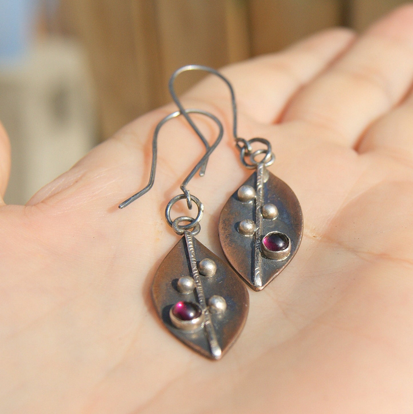 Garnet Drop Earrings, Hand Forged Leaf Earrings, Mix Metals Jewellery, Silver and Copper Jewellery