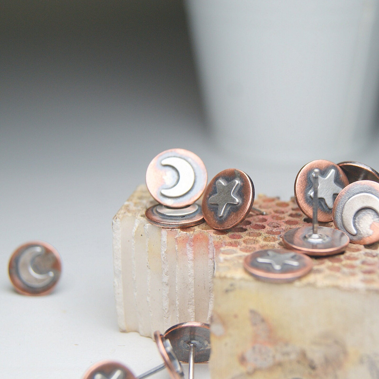 Celestial Earrings, Oxidised Star and Moon Studs, Copper and Silver Stud Earrings