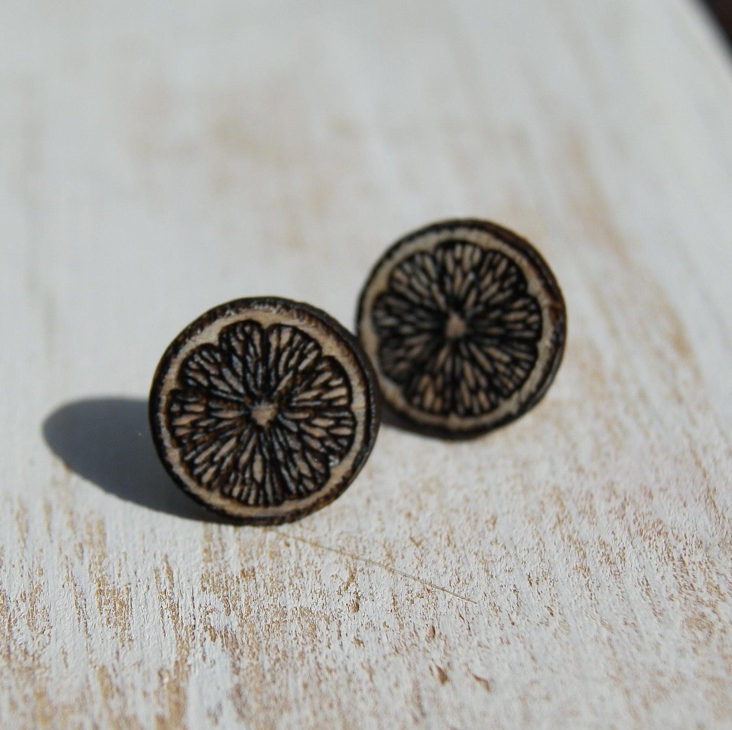 Orange Fruit Boho Earrings, Wooden Stud Earrings, Laser Engraved Earrings, Celestial Jewellery