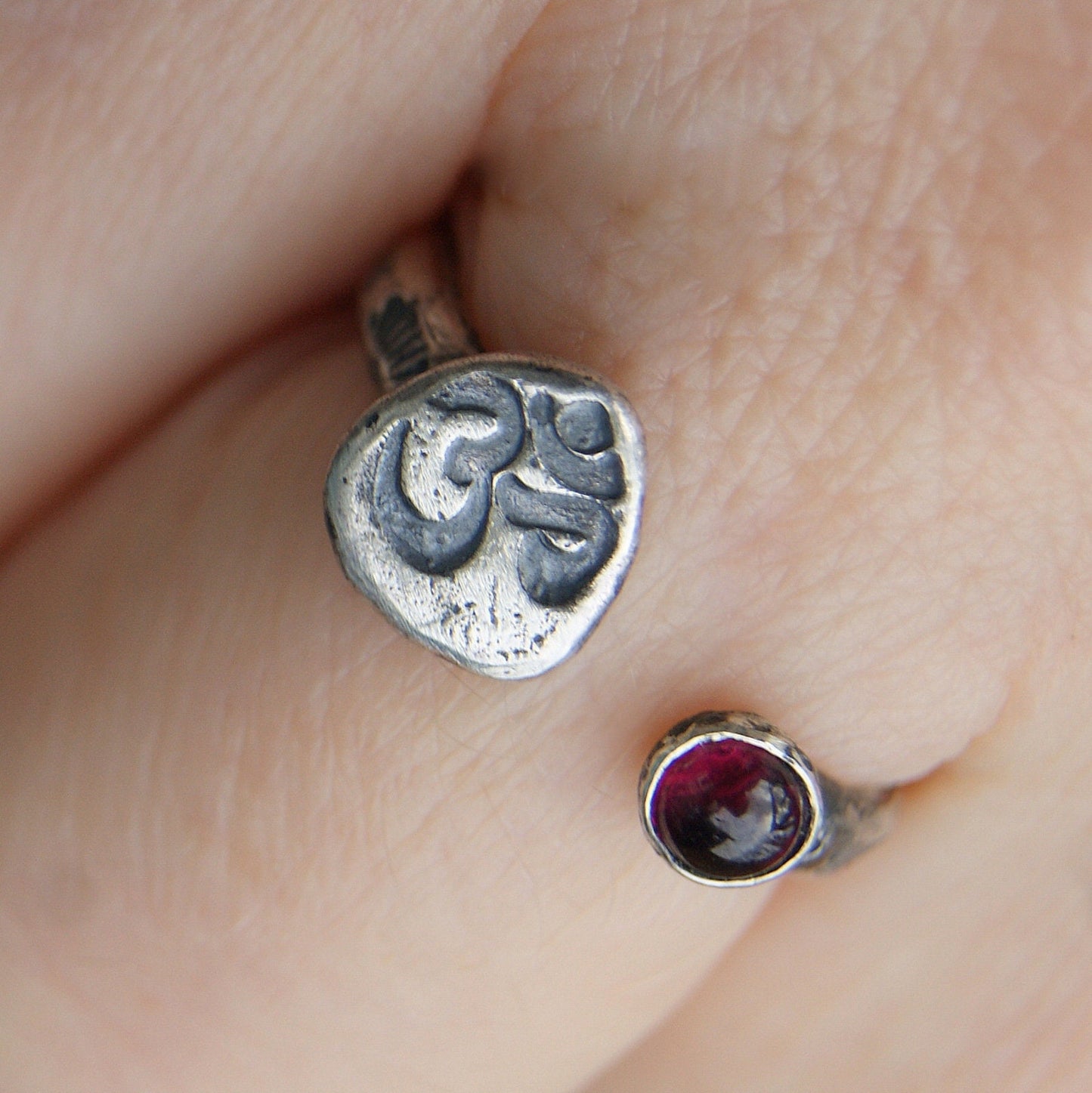 Aum Om Ohm Ring, Garnet Two Eyed Ring, Open Band Rustic Ring, Sterling Silver Jewellery