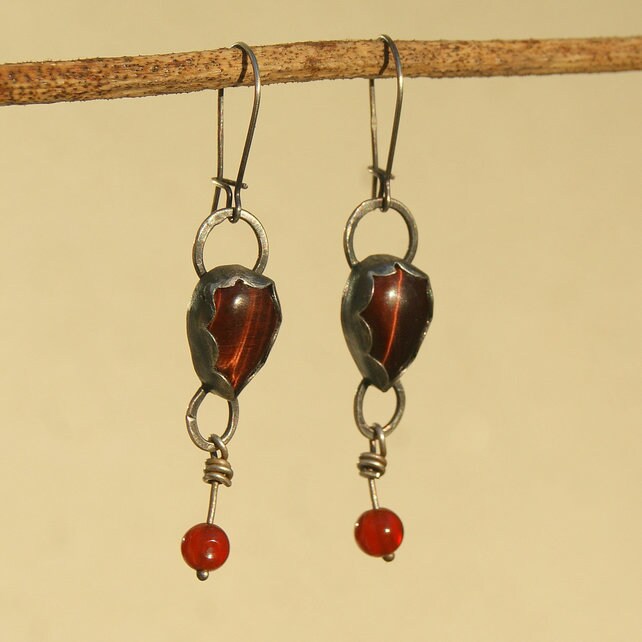 Red Tiger’s Eye and Carnelian Earrings, Sterling Silver Dangle Earrings