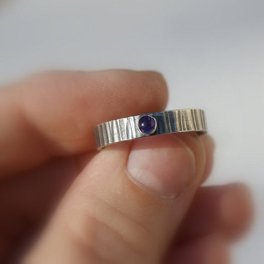 Amethyst Silver Ring, Purple Hammered Ring, February Birthstone