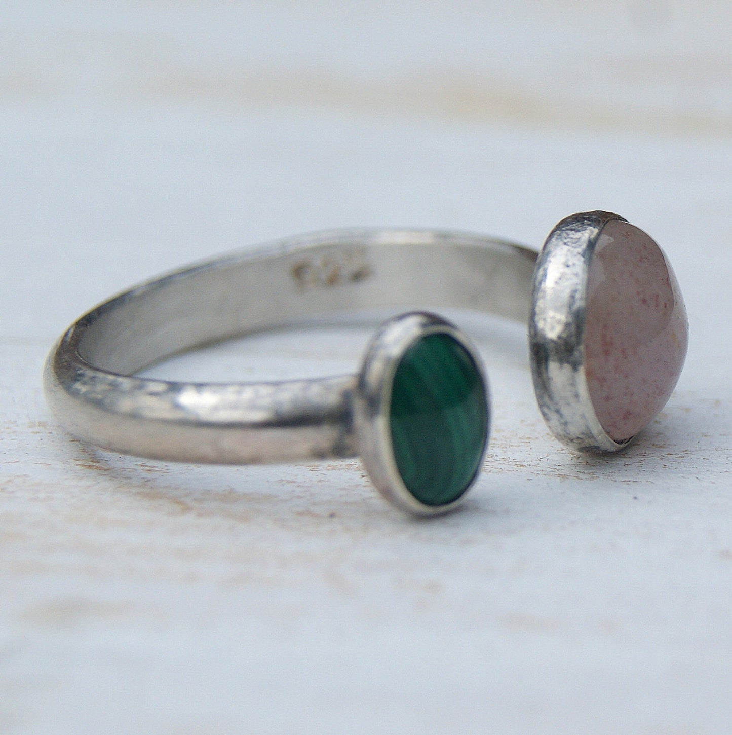 Dual Stone Ring, Malachite and Strawberry Quartz, Open Band Ring, Sterling Silver Jewellery