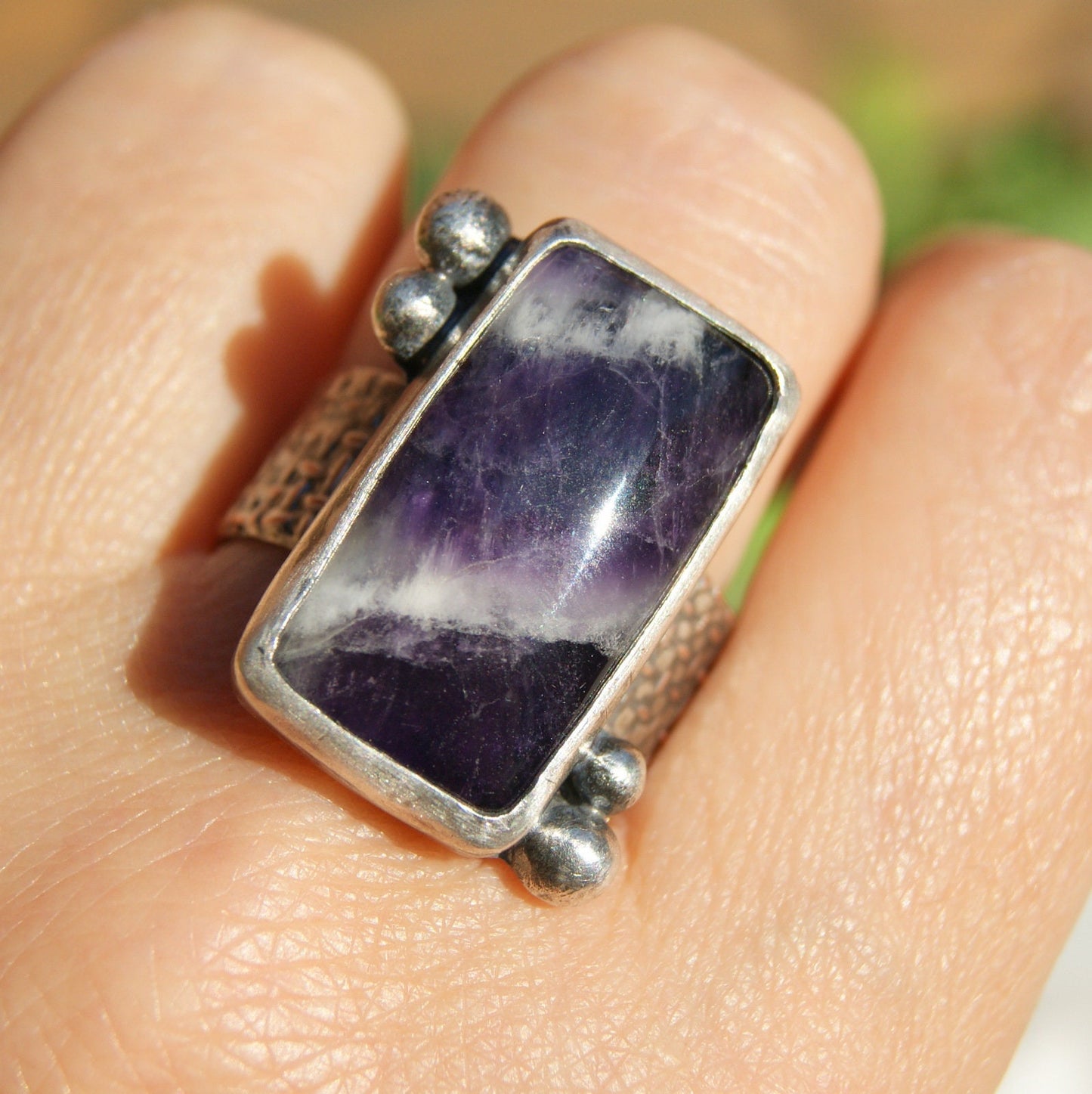 Large Amethyst Ring, Rustic Jewellery, February Birthstone Ring, Sterling Silver Ring