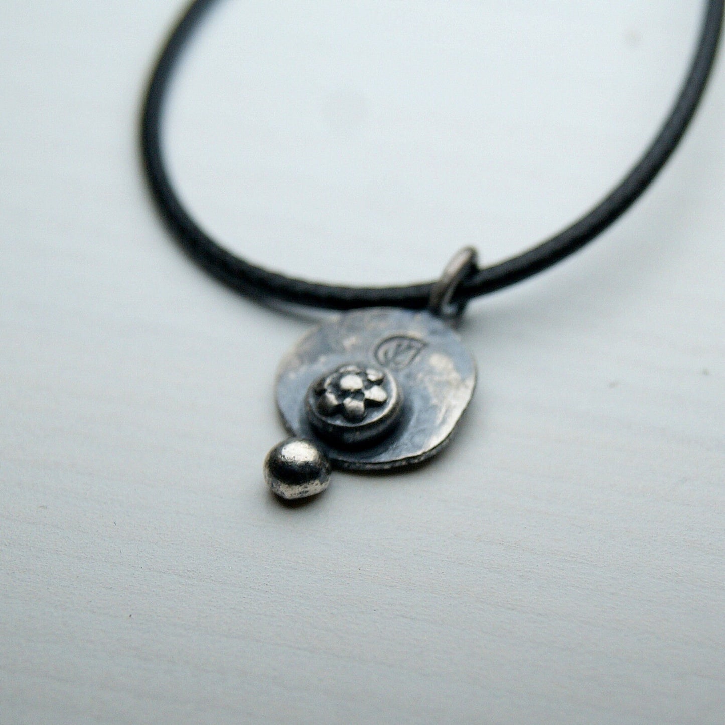 Boho Necklace, Delicate Oxidised Pendant, Sterling Silver Flower Pendant, Silver Organic Necklace, Small Rustic Pendant