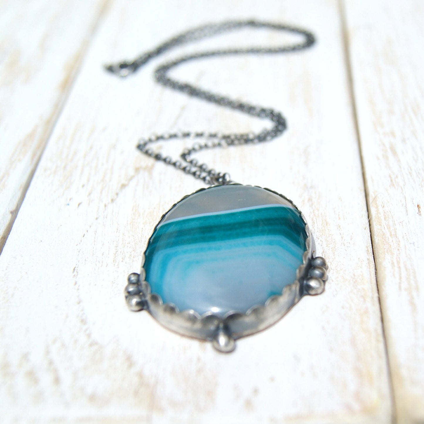 Blue Green Banded Onyx Necklace, Silver and Copper Rustic Pendant