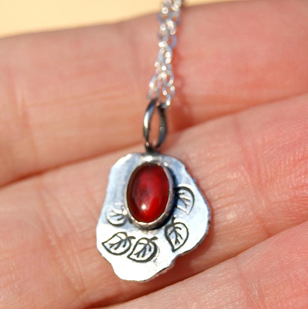 Carnelian Leaf Pendant, , Delicate Oxidised Pendant, Sterling Silver Organic Necklace, Small Rustic Pendant, Boho Necklace