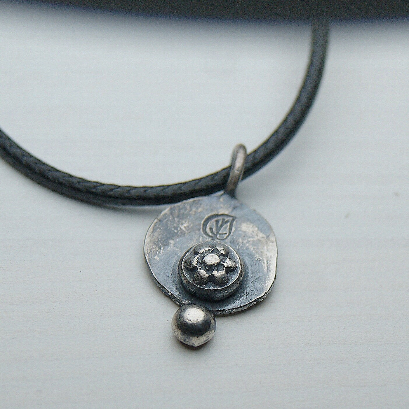 Boho Necklace, Delicate Oxidised Pendant, Sterling Silver Flower Pendant, Silver Organic Necklace, Small Rustic Pendant