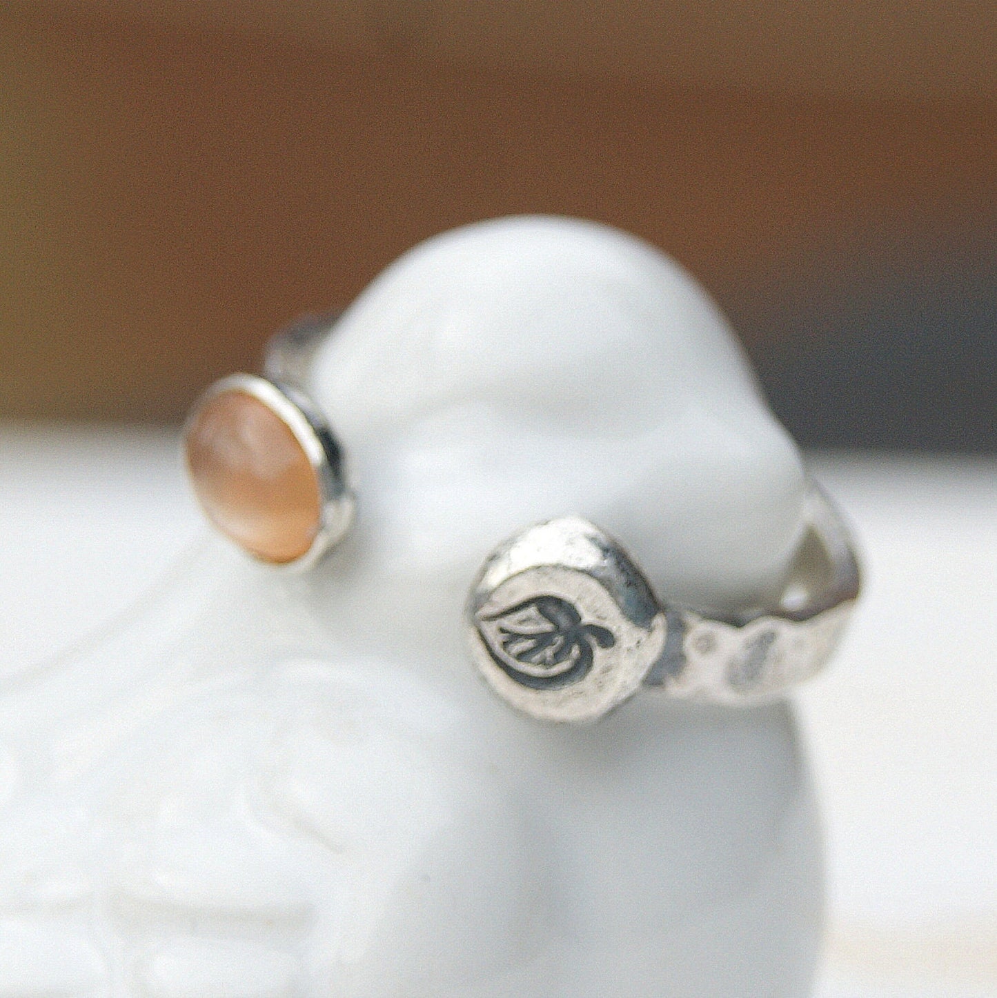 Orange Moonstone Ring, Two Eyed Ring, Open Band Rustic Ring, Solid Silver Leaf Ring